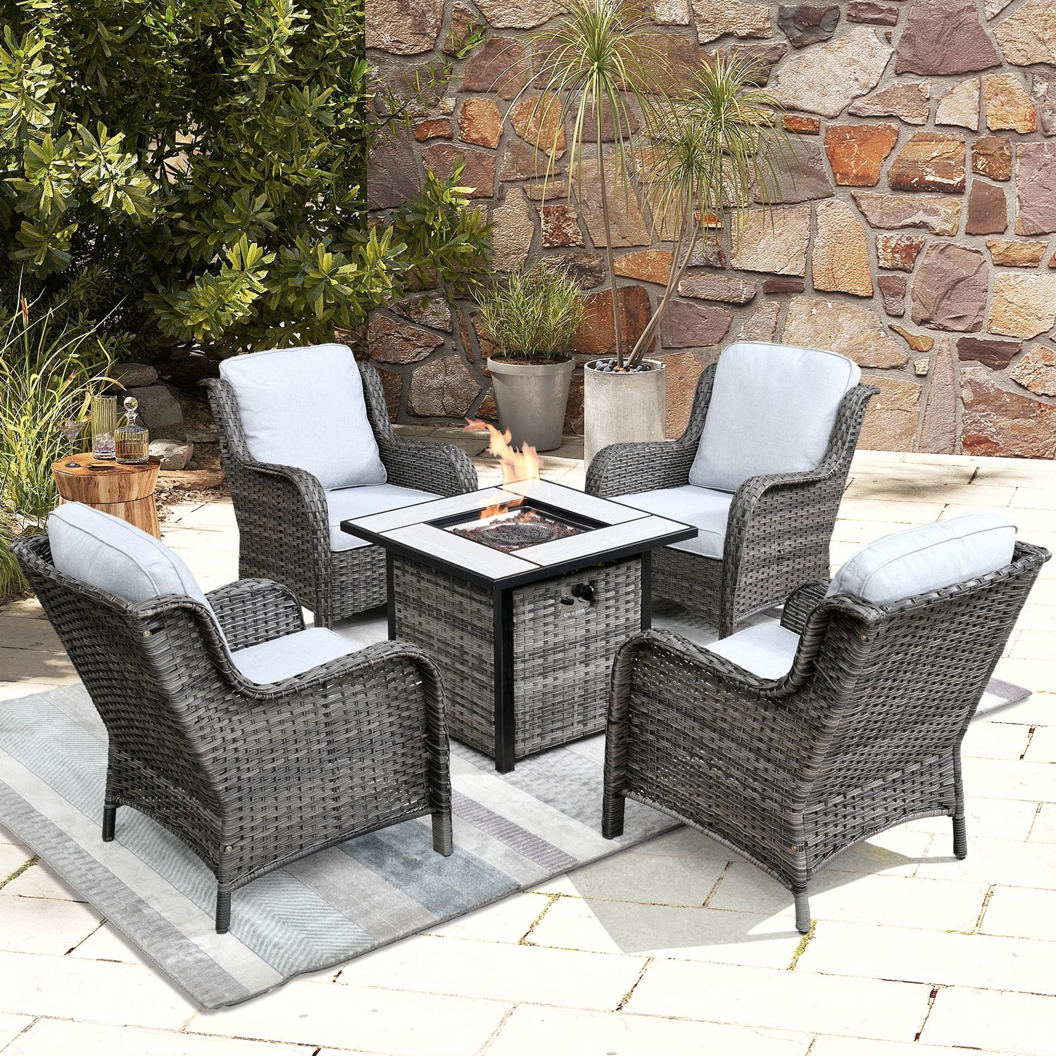 OVIOS  Rattan Wicker 5-piece Patio Furniture Set Single Chairs With Fire Pit Grey