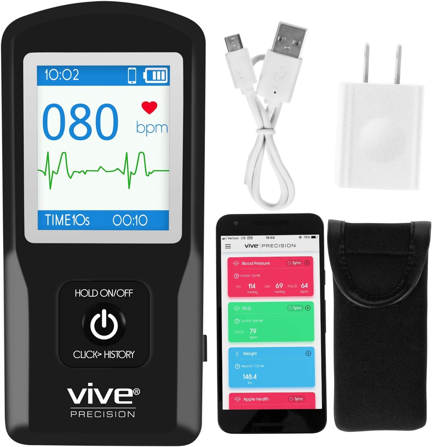 Vive Precision EKG ECG Monitor (App Included) - Portable Heart Rate Pocket Device - Tracking Sensor Detects Irregular Cardiac Rhythm