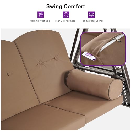 PURPLE LEAF Outdoor Patio Porch Swing with Adjustable PVC Canopy, 3-seat Swing Chair Bench with Side Cup Holder for Backyard Front Porch Lawn