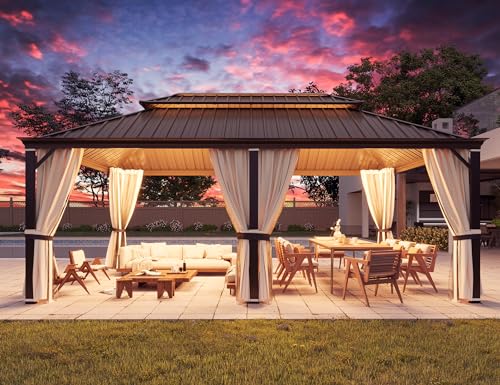 YOLENY 10' x 12' Hardtop Gazebo, Metal Gazebo with Aluminum Frame, Double Galvanized Steel Roof, Curtains and Netting Included