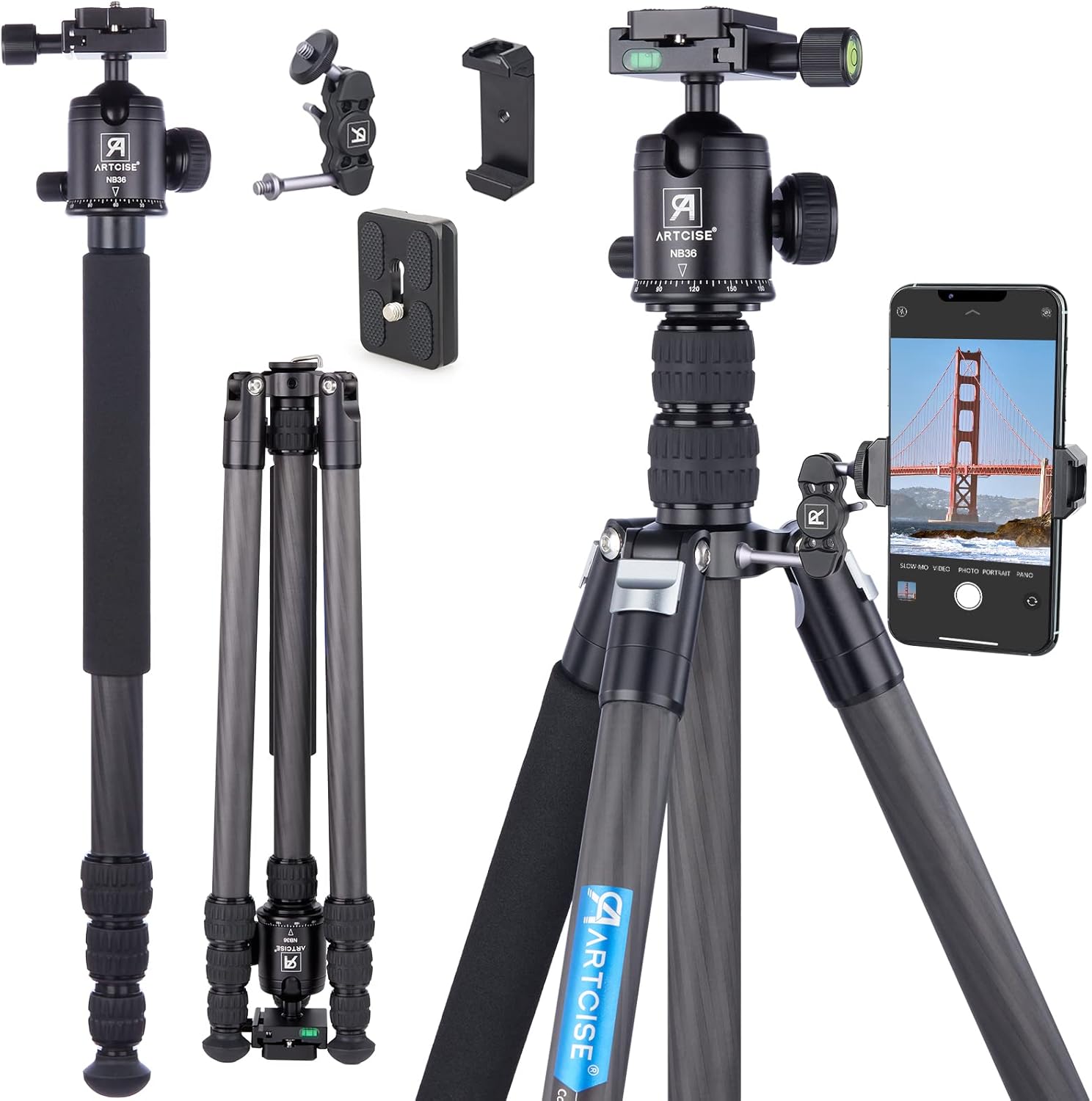 Carbon Fiber Tripod with Arca Panoramic Ball Head 77.6inch Tall Lightweight Travel Camera Tripod Monopod with Accessory Threaded Hole Design Video