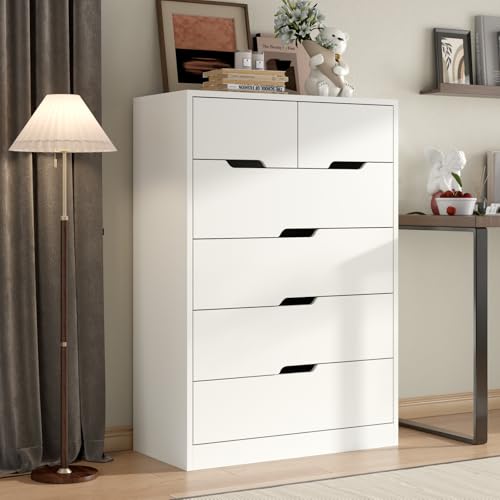 6 Drawer Dresser for Bedroom, Tall White Dresser with Large Organizer, Modern Chest of Drawers, Wooden Dresser with Deep Storage Drawer