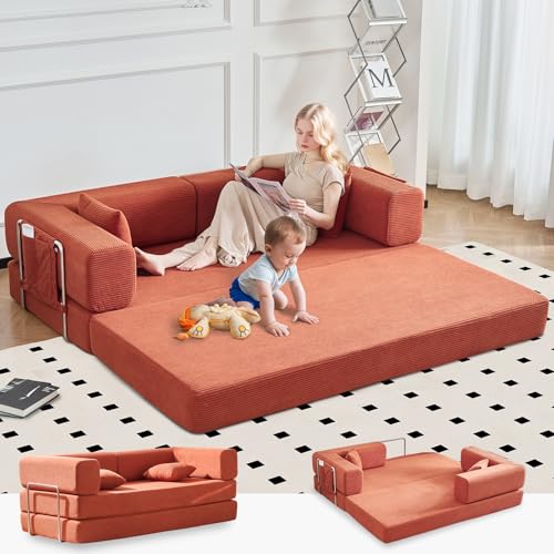 Convertible Sleeper Sofa Bed No Assembly Corduroy Upholstered Green Modular Floor Couch Queen/King Size Foldable Futon with Memory Foam for Apartment