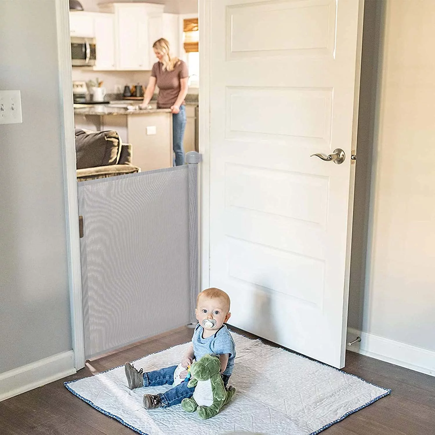 Retractable Baby Gate, Extra Wide Safety Kids or Pets Gate, 33” Tall, Extends to 55” Wide, Mesh Safety Dog Gate for Stairs, Indoor, Outdoor, Doorways