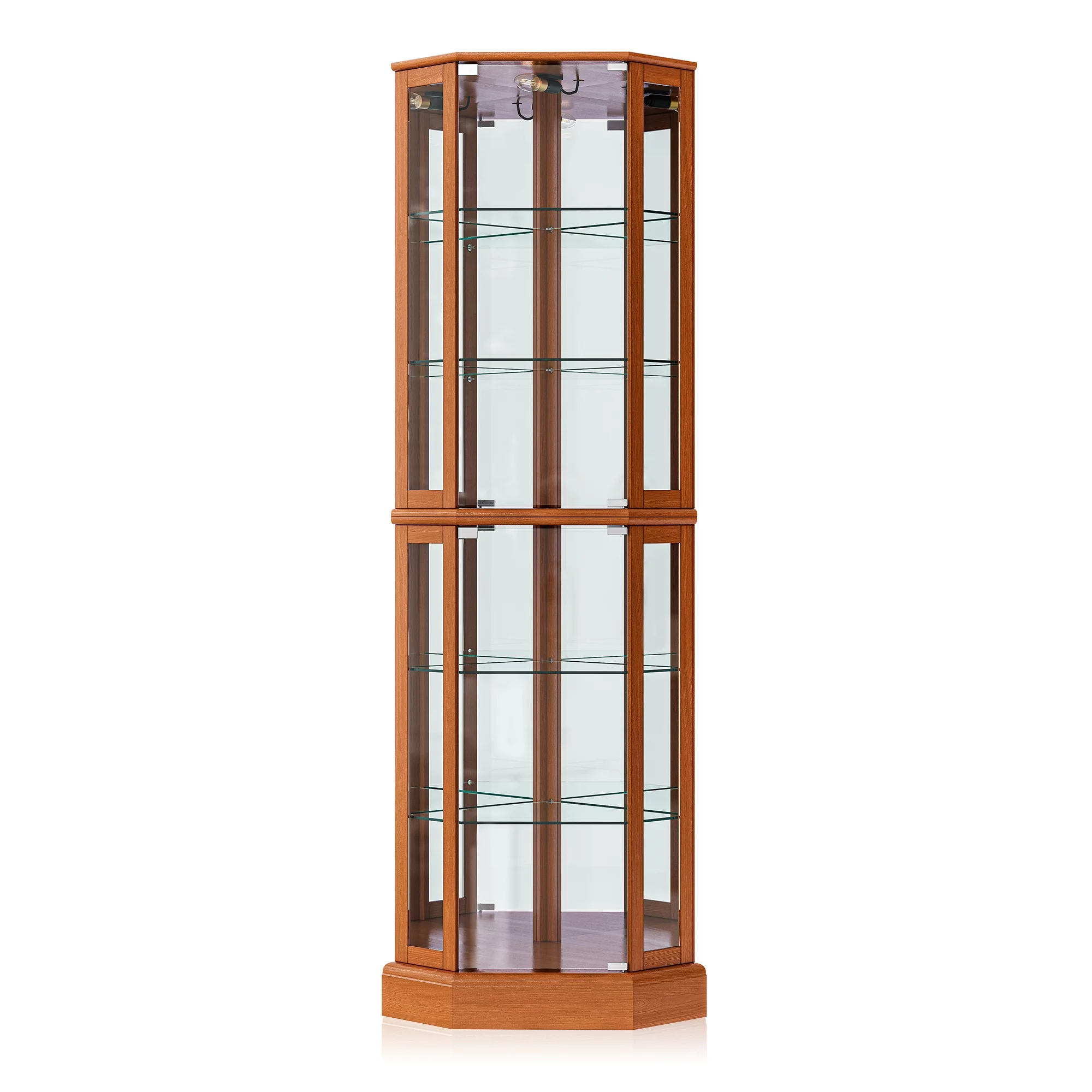 BELLEZE Lighted Curio Cabinet Corner Display Case for Living Room, China Hutch with Tempered Glass Doors and Shelves, Wooden Accent Cabinet