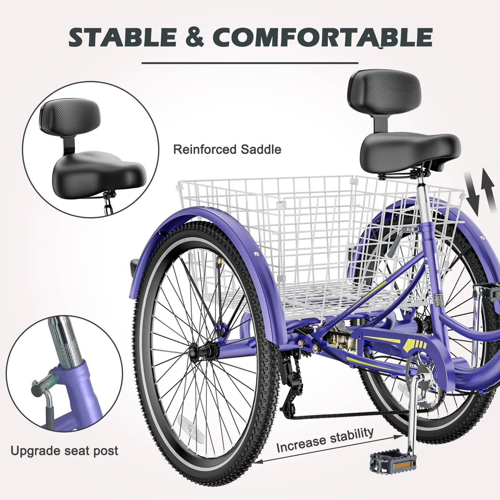 Docred Adult Tricycle 7 Speed 24 Inch Three Wheel Bike Cruiser Trike for Men/Women/Seniors