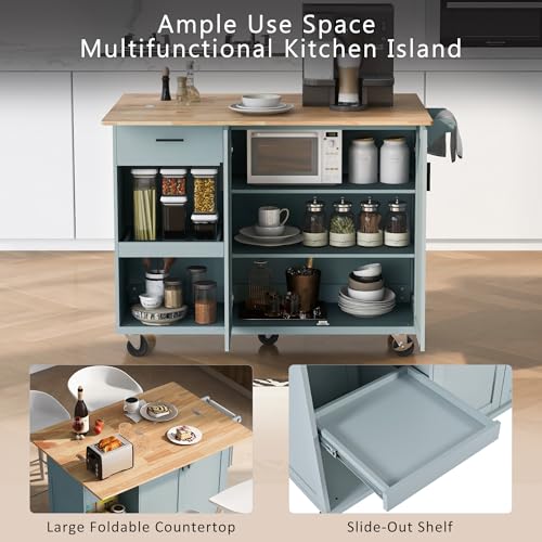 55.7'' Large Kitchen Island with 2 Drop Leaf, Rolling Kitchen Cart on 5 Wheels with Power Outlet