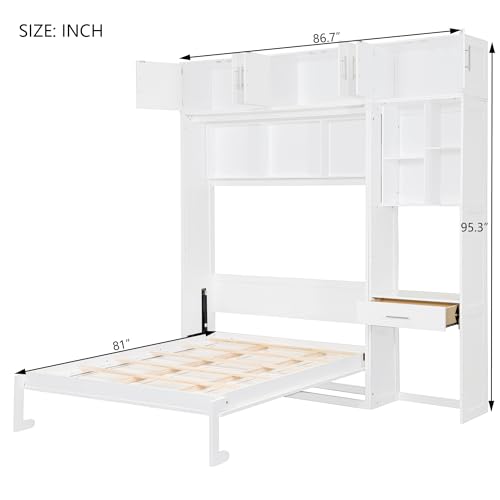 P PURLOVE Wood Twin Murphy Bed with Light and USB, Modern Wall Bed with Top Cabinet and Storage Shelves, Space Saving, No Box Spring Needed (Gray)