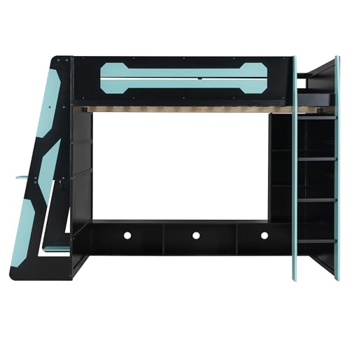 Gaming Bed with Desk,Wardrobe,Ample Storage Space,and RGB LED Light, Full Size Wood Loft Bed for Kids Bedroom (Cloud Blue/K)