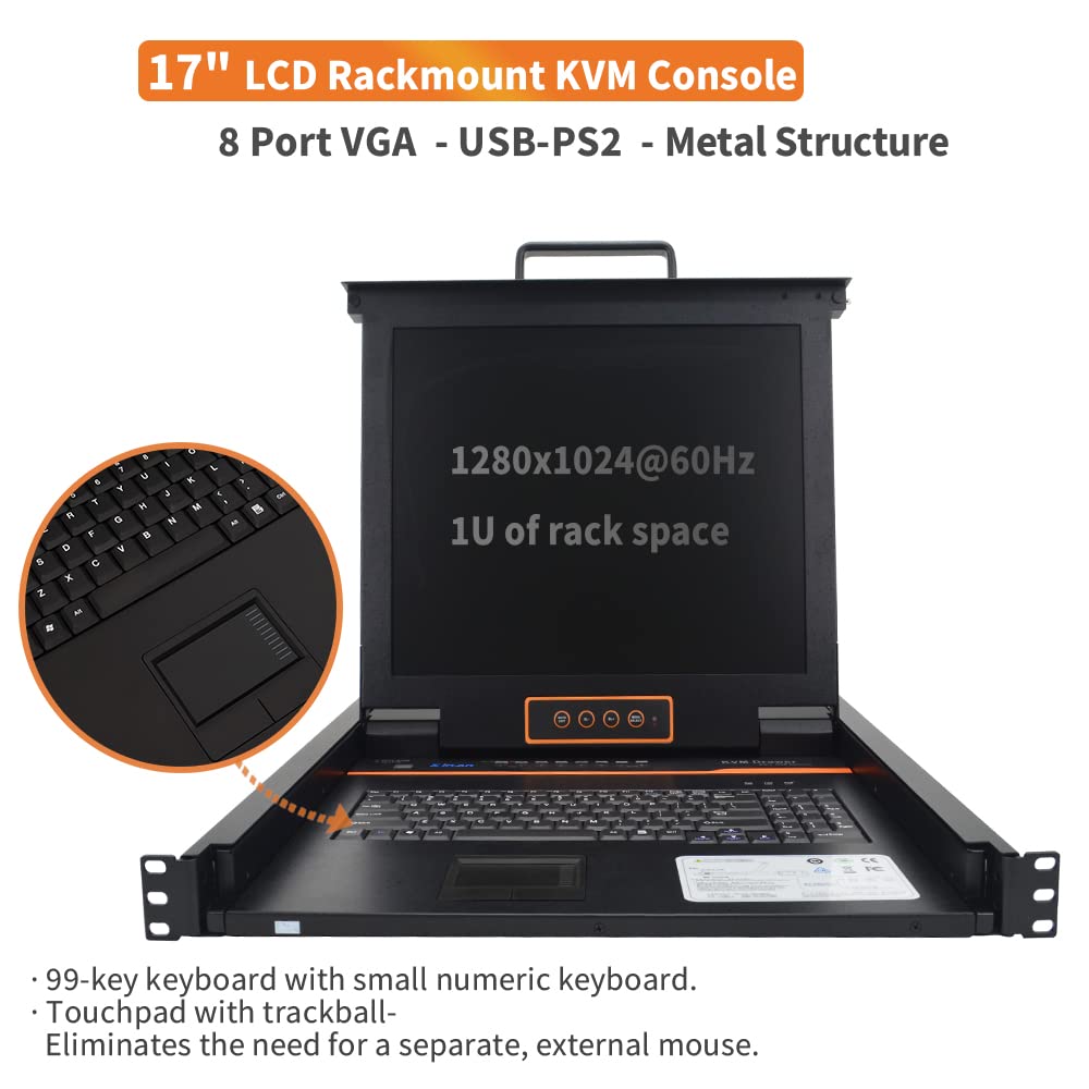 8 Port Rackmount KVM Console,1U 17 LCD Monitor,8-Port VGA KVM Drawer w/Cables,1280×1024@60Hz