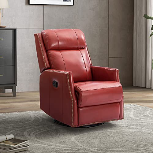 Genuine Leather Recliner - Manual Recliner Chair with 360 Degrees Swivel and Reclining Function, Wingback Recliner Chair with Nailhead Trims