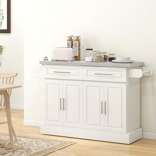 HOMCOM Rolling Kitchen Island Cart with Wheels, Portable Island Table for Kitchen with Stainless Steel Top, Adjustable Shelves, 2 Drawers, Spice
