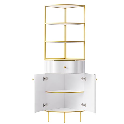 Modern Tall Corner Cabinet, 74.8" Corner Bookshelf with Storage Corner Bookcase with 1 Drawer and 2 Doors