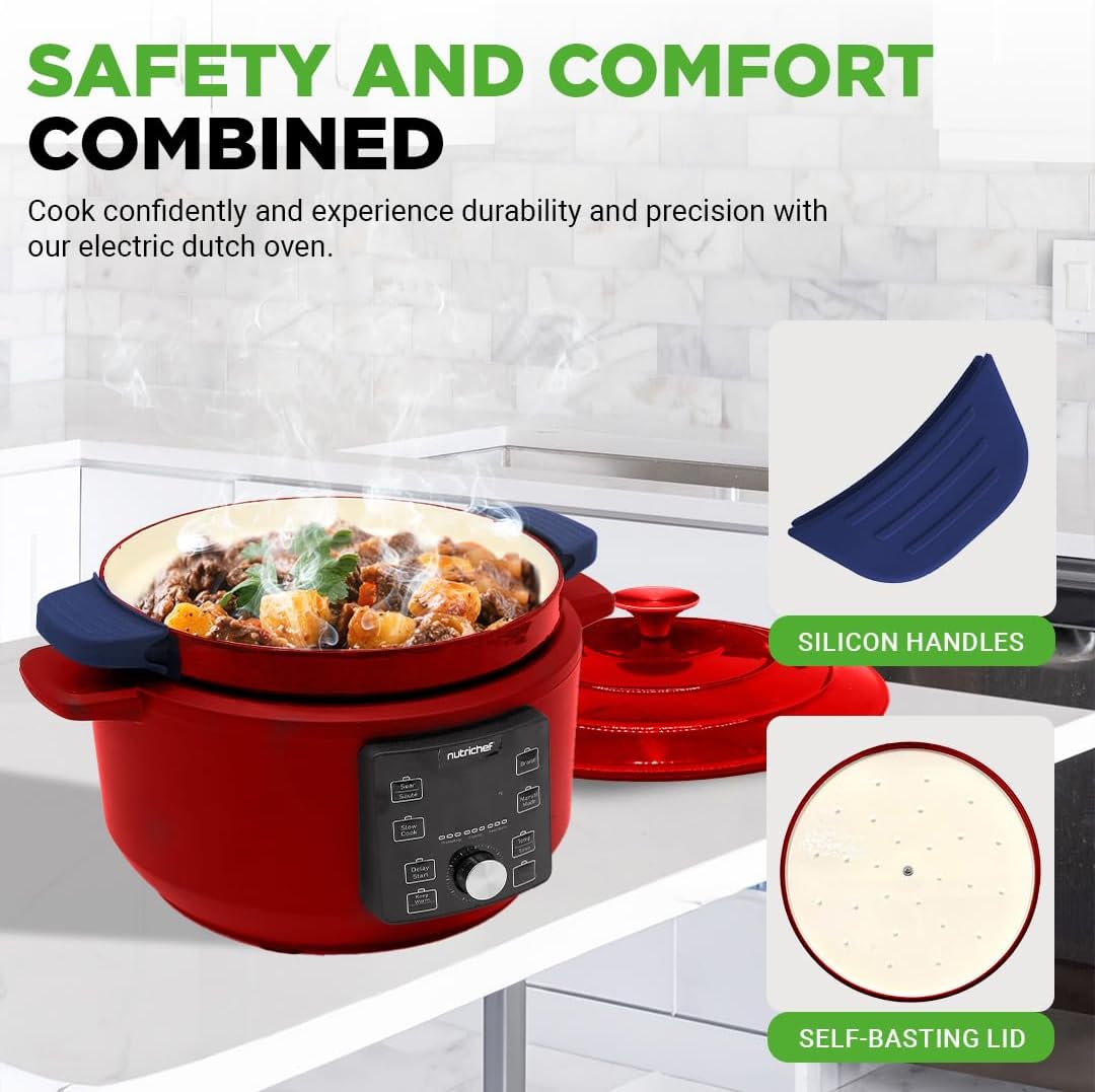 6 Quart Electric Dutch Oven | 1500W 5-in-1 Enamel Coated Cast Iron Pot with Stainless Steel Lid | Precise Temperature Control | Includes 2 Silicone