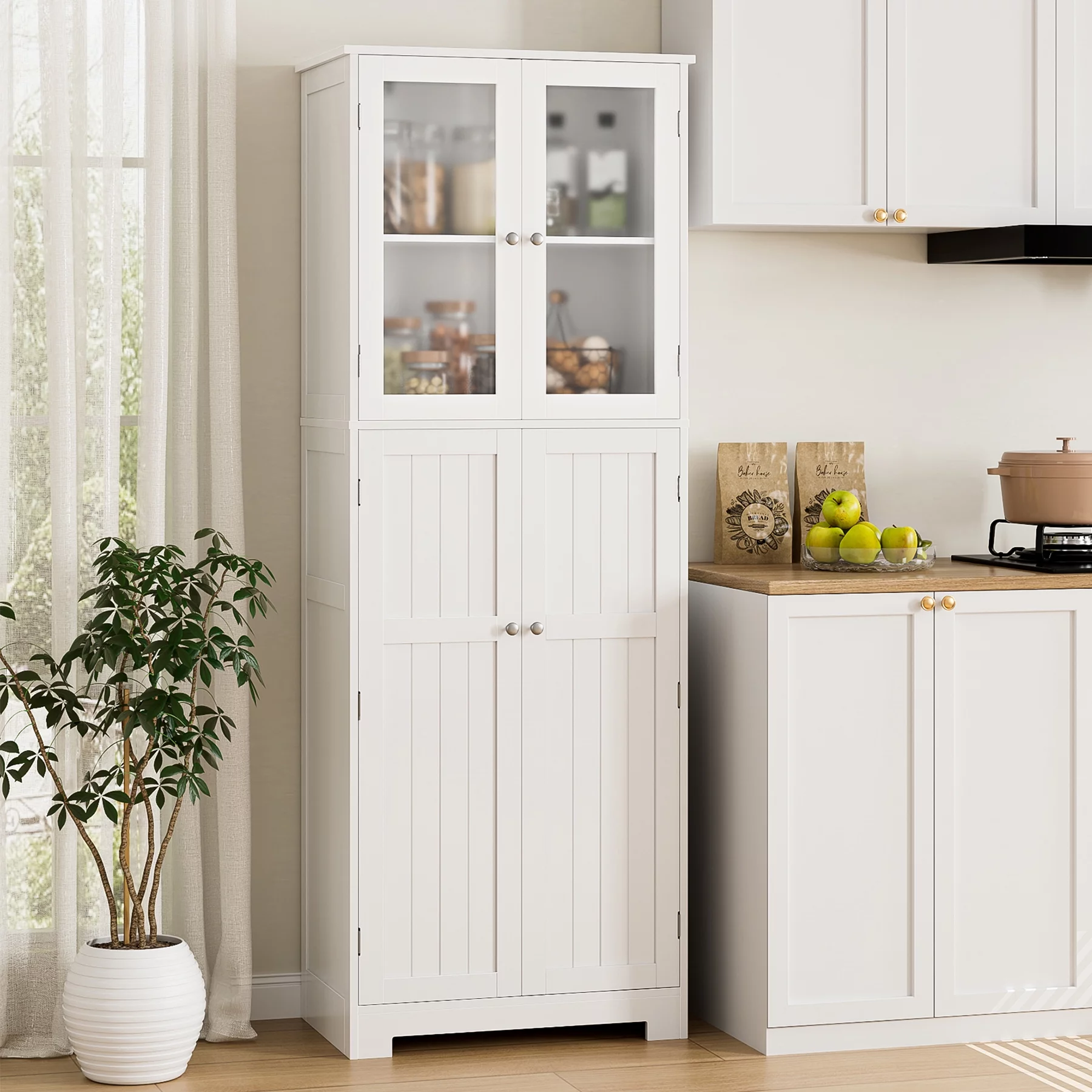 Homfa Farmhouse Kitchen Pantry Cabinet,  67'' Food Storage Cabinet with Frosted Glass Doors for Dining Room, White