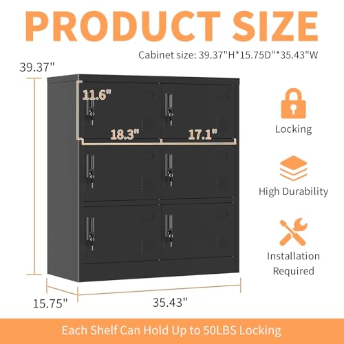 6 Doors Metal Lockers for Employees 72" H Storage Cabinet Lockable Locker with Shelves Steel Storage Locker for Gym School Office Home Requires