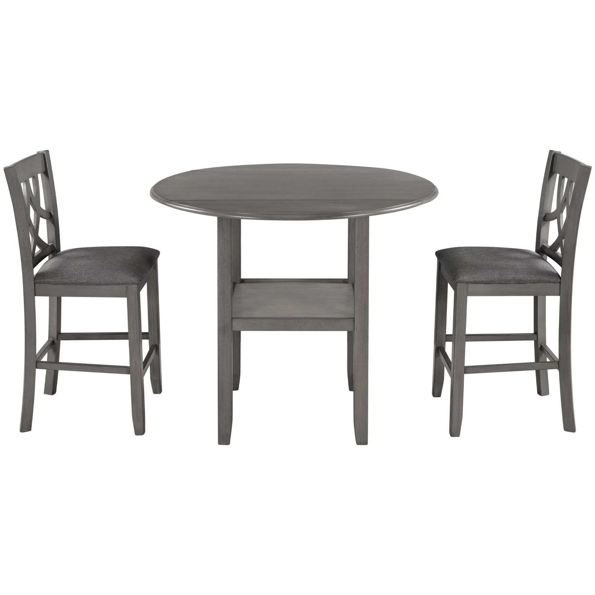 3 Piece Kitchen Nook Dining Table Set, Wooden Drop Leaf Table and 2 Dining Chairs, Counter Height Dining Set with Storage, Gray, D8315