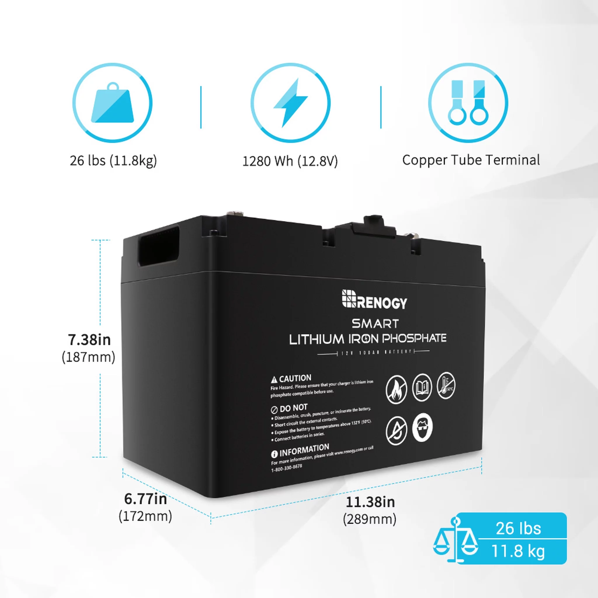 Renogy 12V 100Ah LiFePO4 Deep Cycle Lithium Battery, over 4000 Cycles, Built-in BMS, Backup Power for RV, Marine, Off-Grid System, Maintenance-Free