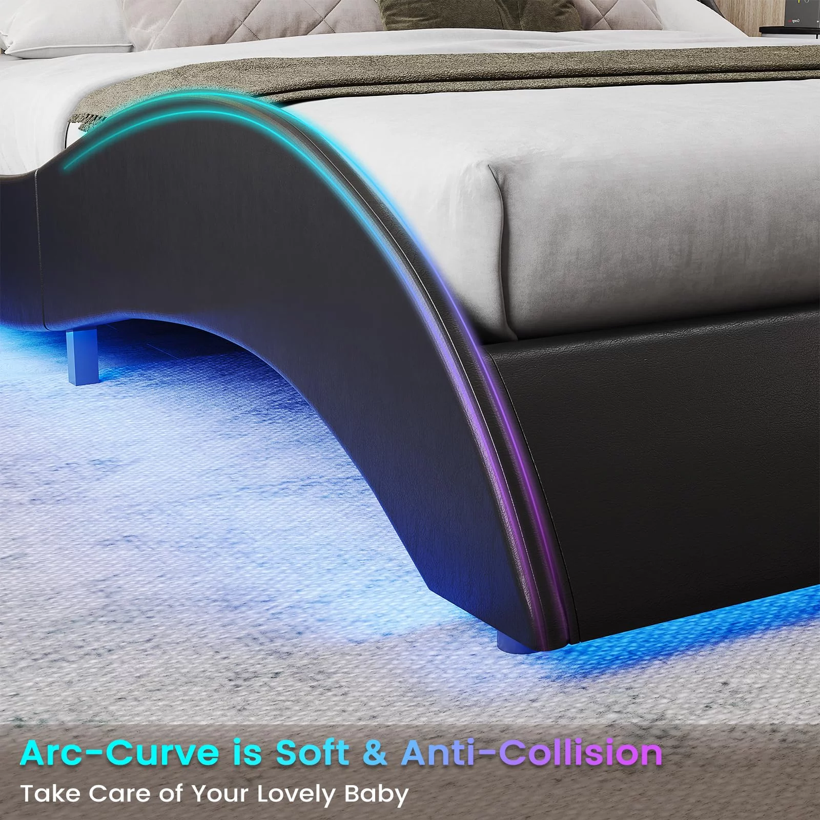 King Size Bed Frame with Headboard,Faux Leather Low Profile Platform Bed Frame with RGB LED Lights,Wave Like Curve King Bed,Black