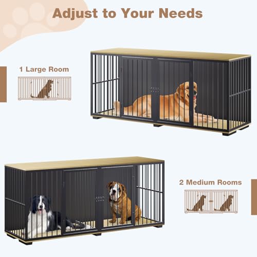 EBE Dog Crate Furniture, 71.6'' Metal Steel Frame Double Dog Kennel with 2 Rooms and Removable Divider