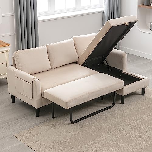P PURLOVE 3 Seats Sleeper Sectional Sofa with Pull Out Bed,Upholstered L Shape Sofa,Sectional Corner Sofa Couch with Storage Chaise Lounge and Pocket