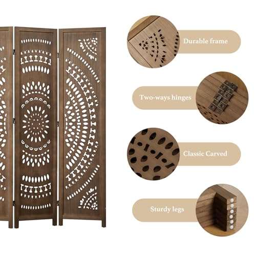 66.9Inch Folding Room Divider, 6 Panels Wood Carved Privacy Screens