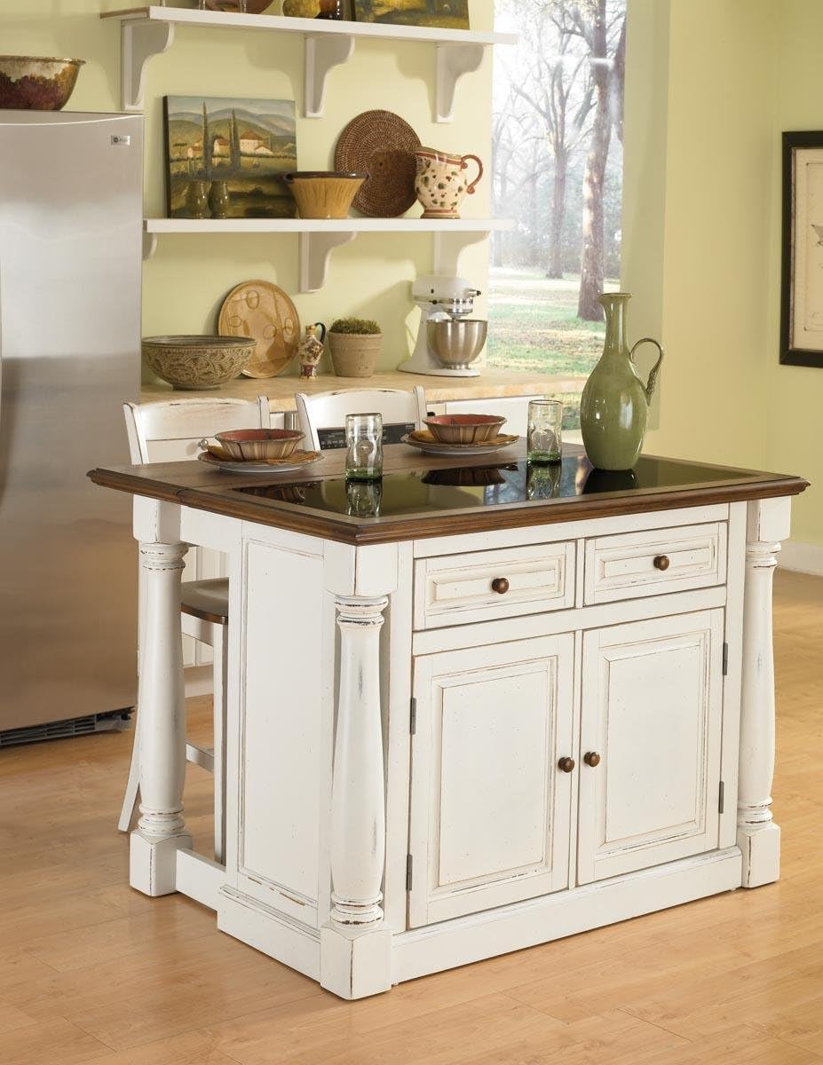 Home Styles Monarch White Kitchen Island with Granite Top, Breakfast Bar, Two Stools, Solid Oak Hardwood Top, Black Granite Inset, Two Drawers