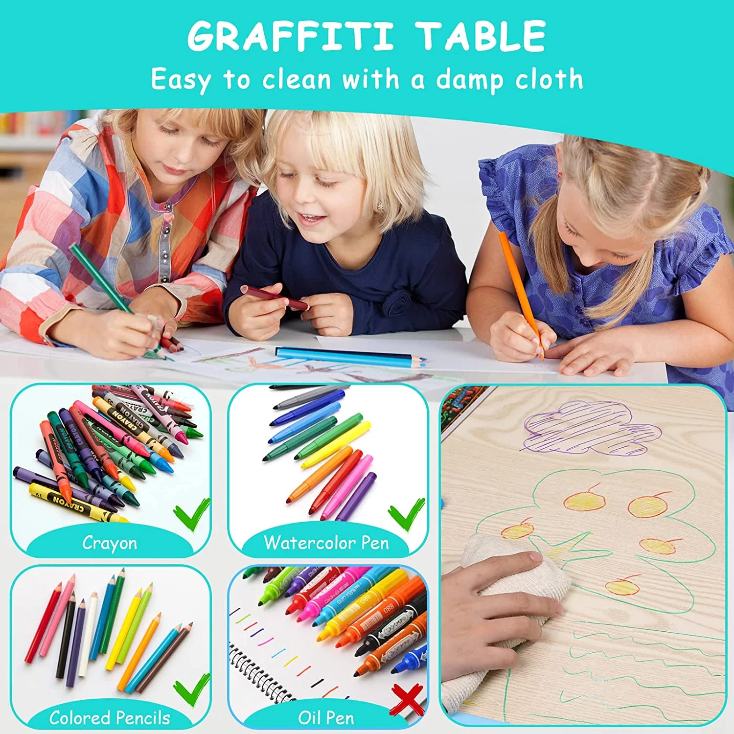 Arlopu Adjustable Kids Table and Chairs Set, 5 Pieces Toddler Play Arts & Crafts Desk Activity Table with 4 Chairs
