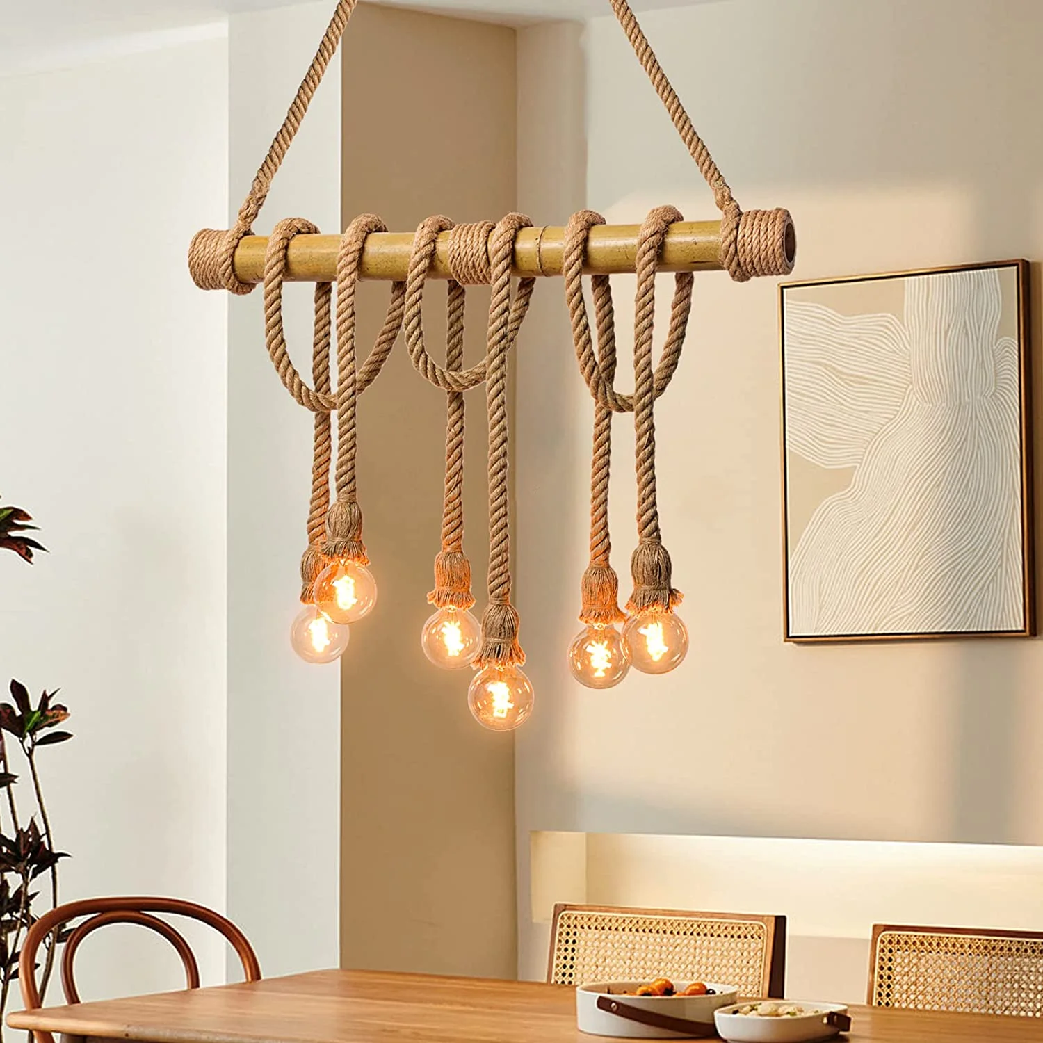 Arturesthome 6 Heads Hemp Rope Pendant Light, Vintage Bamboo Chandeliers Fixture Kitchen Island