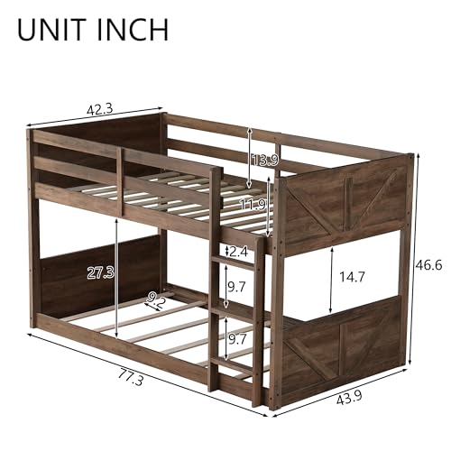 Bunk Bed Twin Over Twin, Wood Low Profile Floor Twin Bunk Beds with Ladder Guardrails for Kids Boys and Girls, No Box Spring Needed