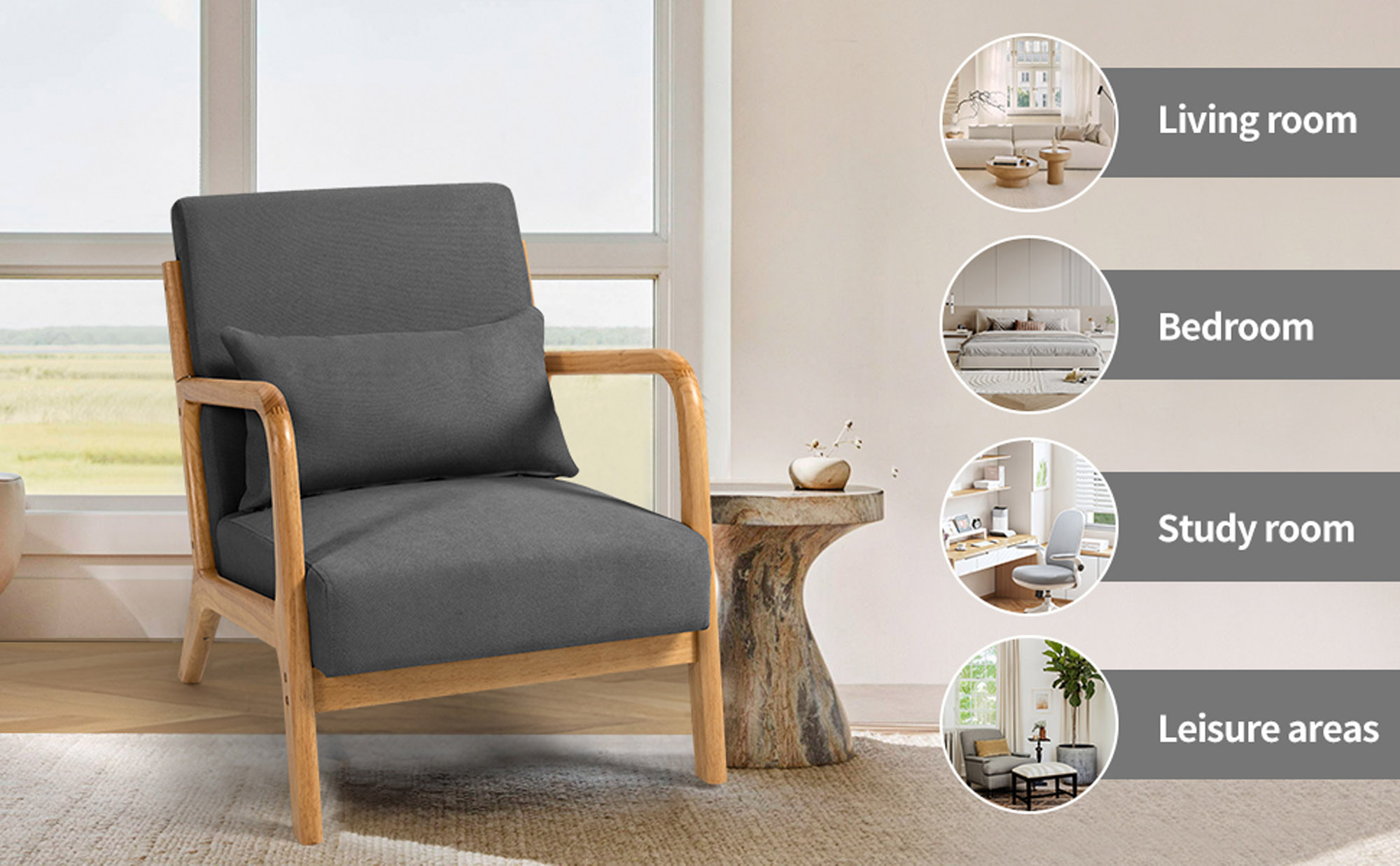 BIGWOO Leisure Sofa with Solid Wood Armrest Modern Chair, Single Seat Dark Gray