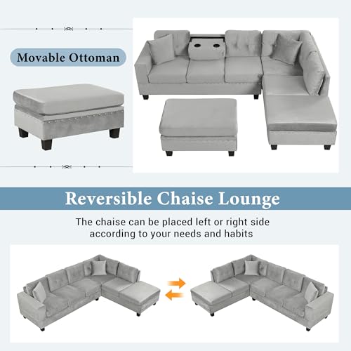Merax Modern Sectional Sofa with Storage Ottoman, L Shaped Couch with 2 Pillows and 2 Cup Holders