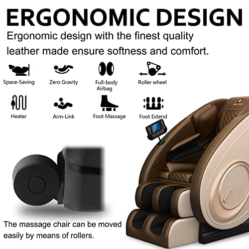 Massage Chair with Zero Gravity, Full Body Massage Chair Recliner with Airbags, Heating, Bluetooth Speaker, Foot Roller, Touch Screen, Gold