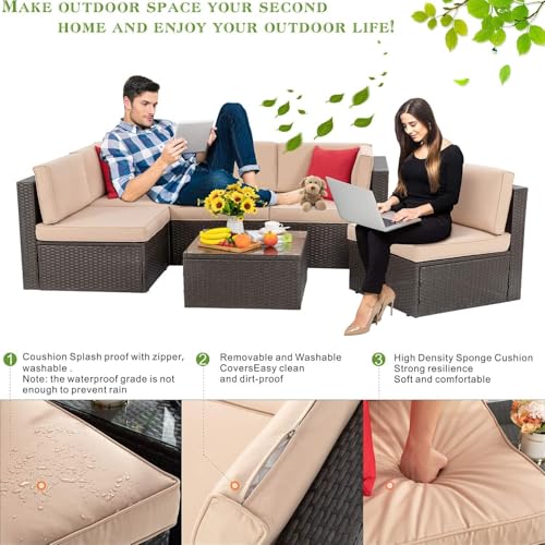 Vongrasig 6 Pieces Outdoor Patio Furniture Set, PE Wicker Rattan Sectional Sofa Patio Conversation Sets with Coffee Table for Garden, Backyard