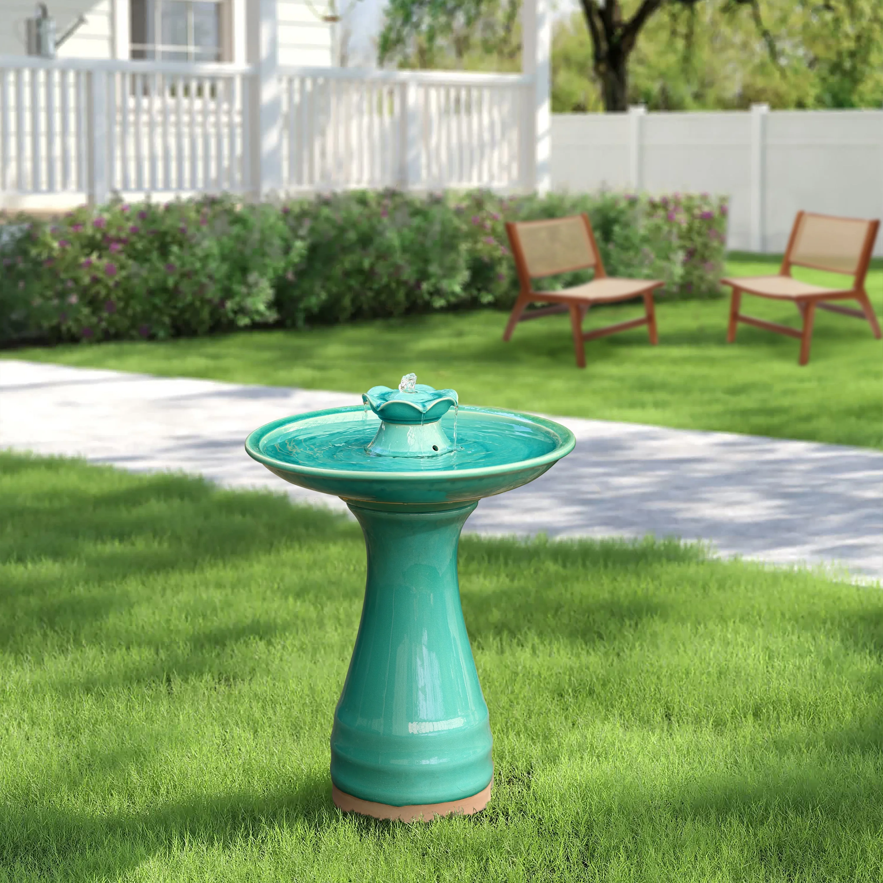 LuxenHome Aqua Glazed Ceramic 22-In Tall Birdbath Fountain
