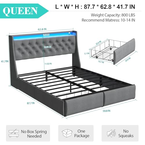 Queen Bed Frame with 2 Storage Drawers, Platform Bed Frame Queen Size with LED Light, Upholstered Headboard, Charging Station, Steel Slat Support