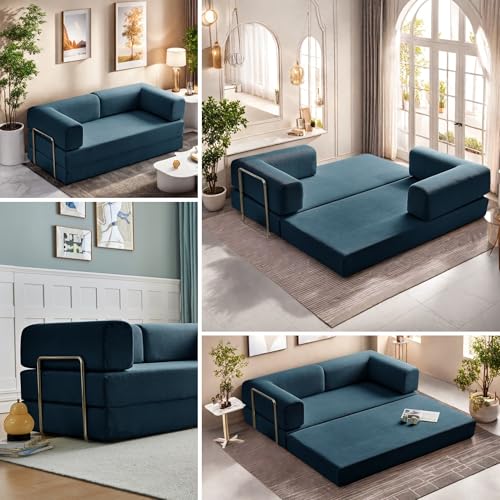 Convertible Floor Sofa Bed, Foldable Mattress Cloud Couch with Pillow Back & Armrest, Chenille Sleeper Sofa Bed with Fixed-Shape Frame