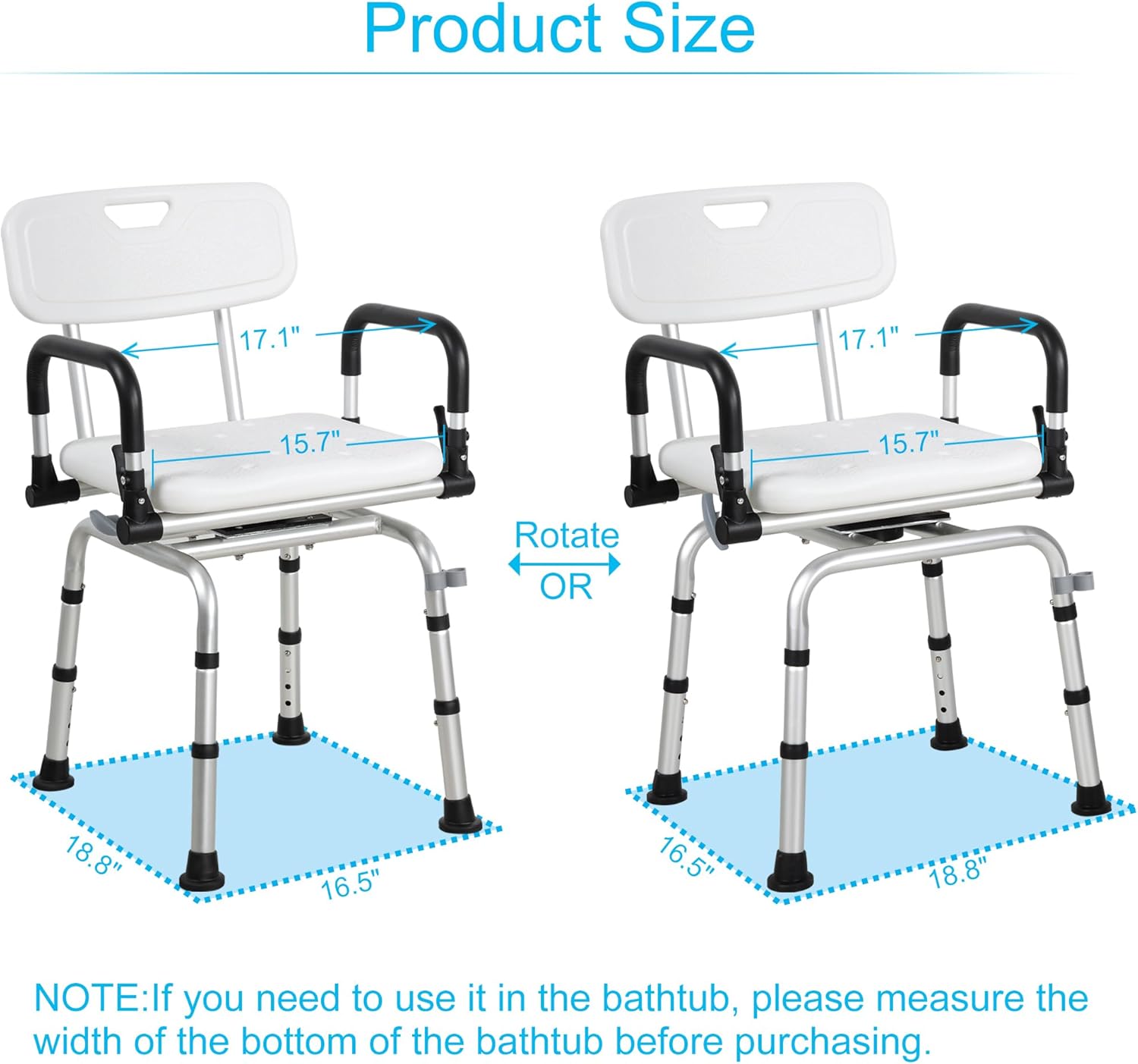REAQER Swivel Shower Chair 360° Pivoting Bathtub Seat with Arms and Back Narrow Bath Bench for Seniors,Elderly