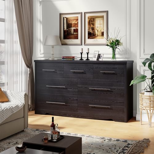Black 7 Drawer Dresser for Bedroom, 55" Modern Dresser with 7 Deep Drawers, Wooden Chest of Drawers with Metal Handles, Clothes Organizer for Hallway