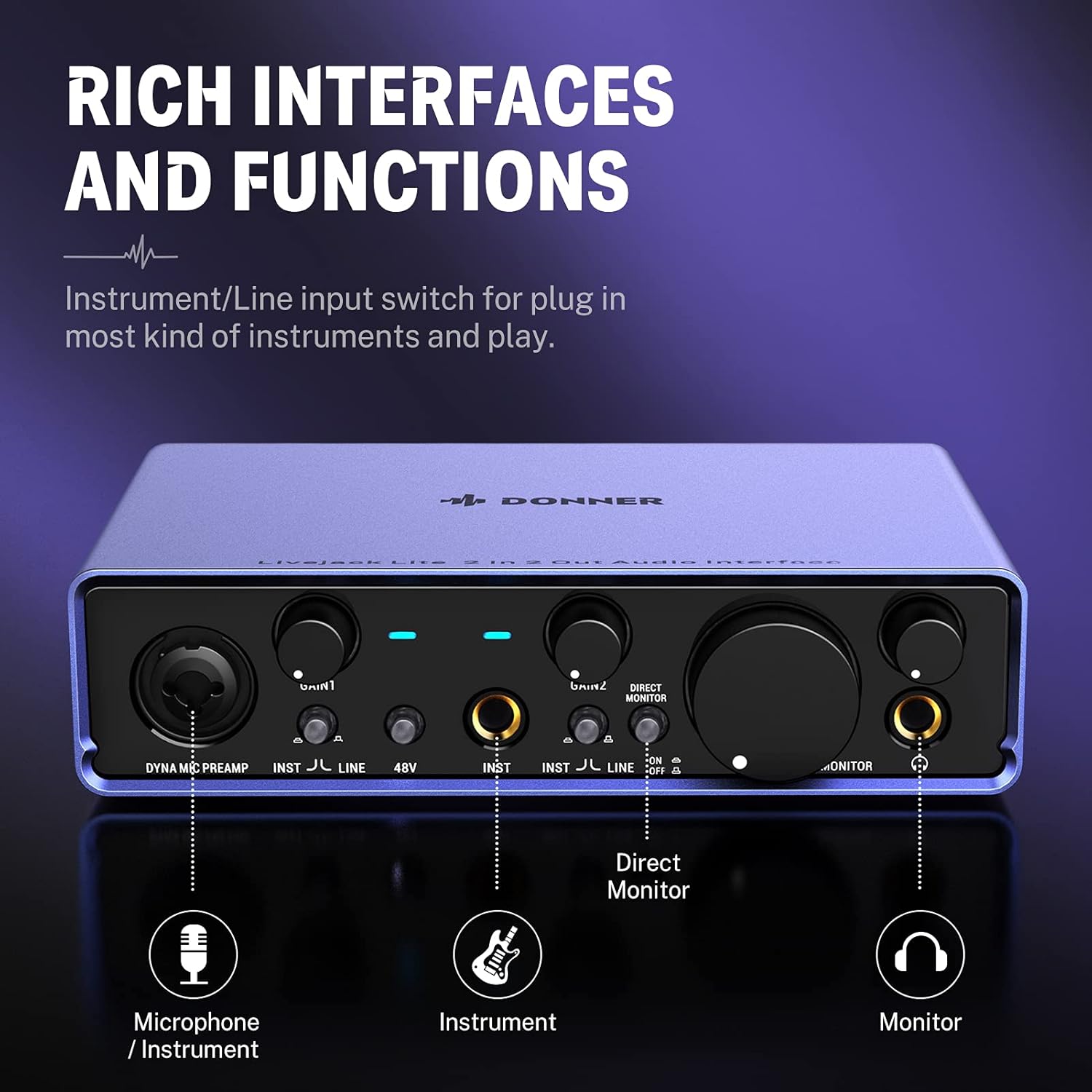 Audio Interface Donner Livejack Lite 2 In 2 Out, USB Audio Interfaces, 24-bit/192 kHz Sound Card with Headphone Amplifier
