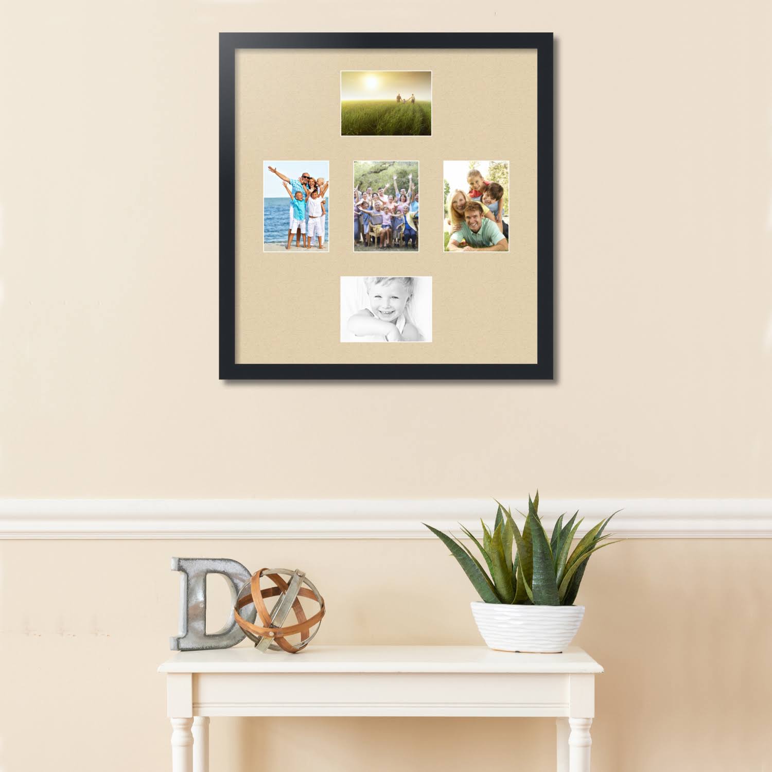 Collage Picture Frame, Satin Black Frame with 5 openings for 5x7 Photos with Grey Seaside Mat. D3926GH329 , ArtToFrames