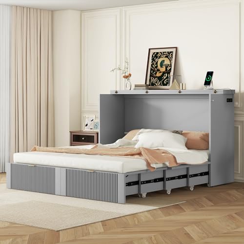 Harper & Bright Designs Queen Size Murphy Bed Cabinet Wall Bed Chest with USB, Charging Station and Large Storage Drawer for Home Office (White)