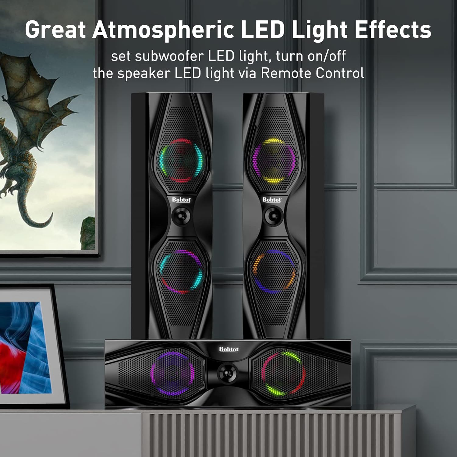 Bobtot Surround Sound Speakers 1200W Peak Power Home Theater System with RGB Lights