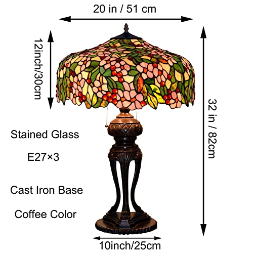 Tiffany Table Lamp Stained Glass Bedside Reading Lamp 3-Light 20"X20"X32" Antique Victorian Art Style Desk Lamp for Bedroom Living Room Study Office