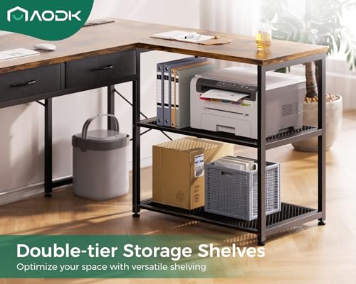 AODK 53 Inch L Shaped Computer Desk with Drawers, Corner Desk with Power Outlets & Reversible Storage Shelves