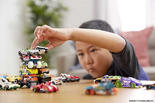 Hot Wheels Toy Car Playset with Lights, Sounds & 6 1:64 Scale Vehicles, Super 6-Lane Raceway, 8-foot Track that Rolls Up for Storage