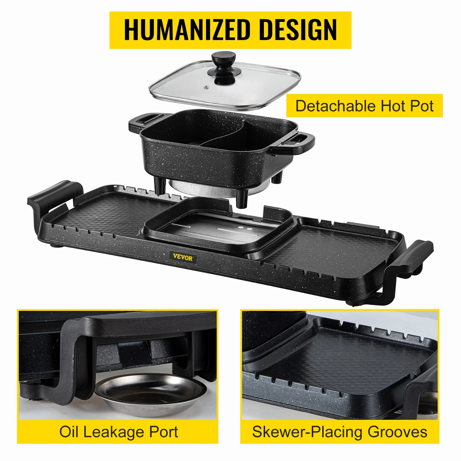 2in1 Electric BBQ Pan Grill Hot Pot 2400W Multifunction Home Portable Smokeless Nonstick Detachable Hot Pot Barbecue Plate