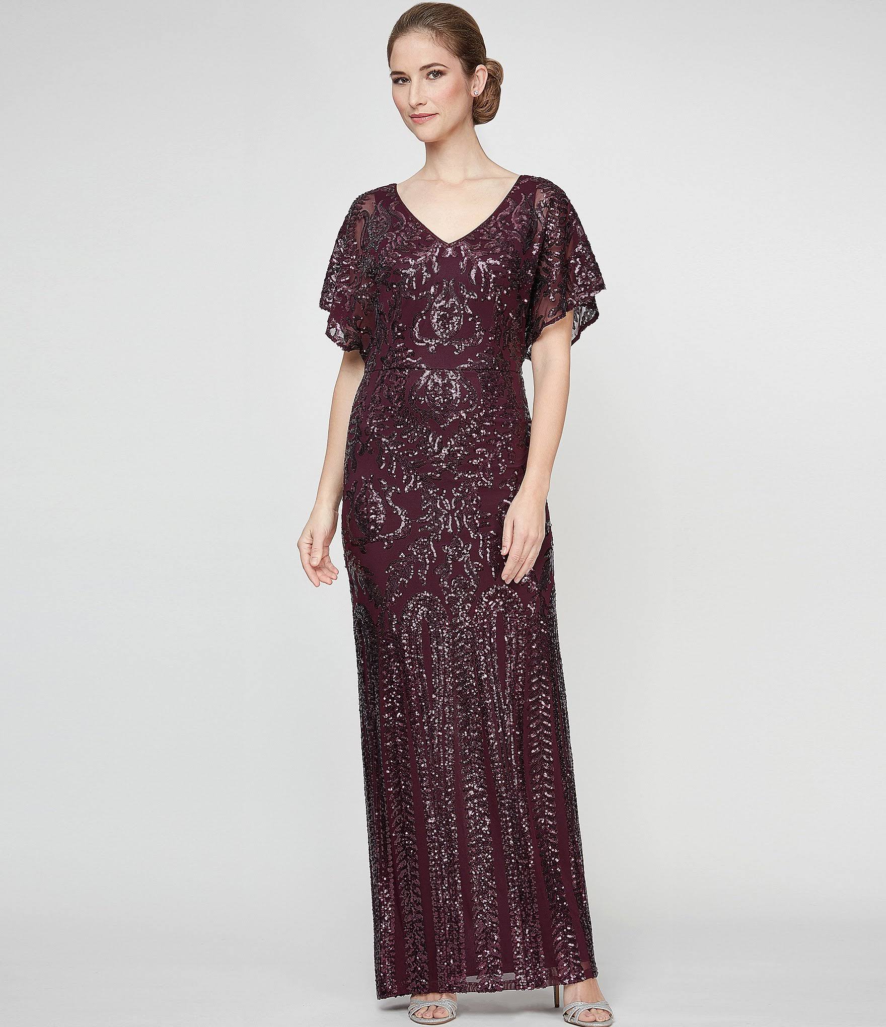 Alex Evenings Sequin Flutter Sleeve Back Slit V-Neck Long Gown - 10
