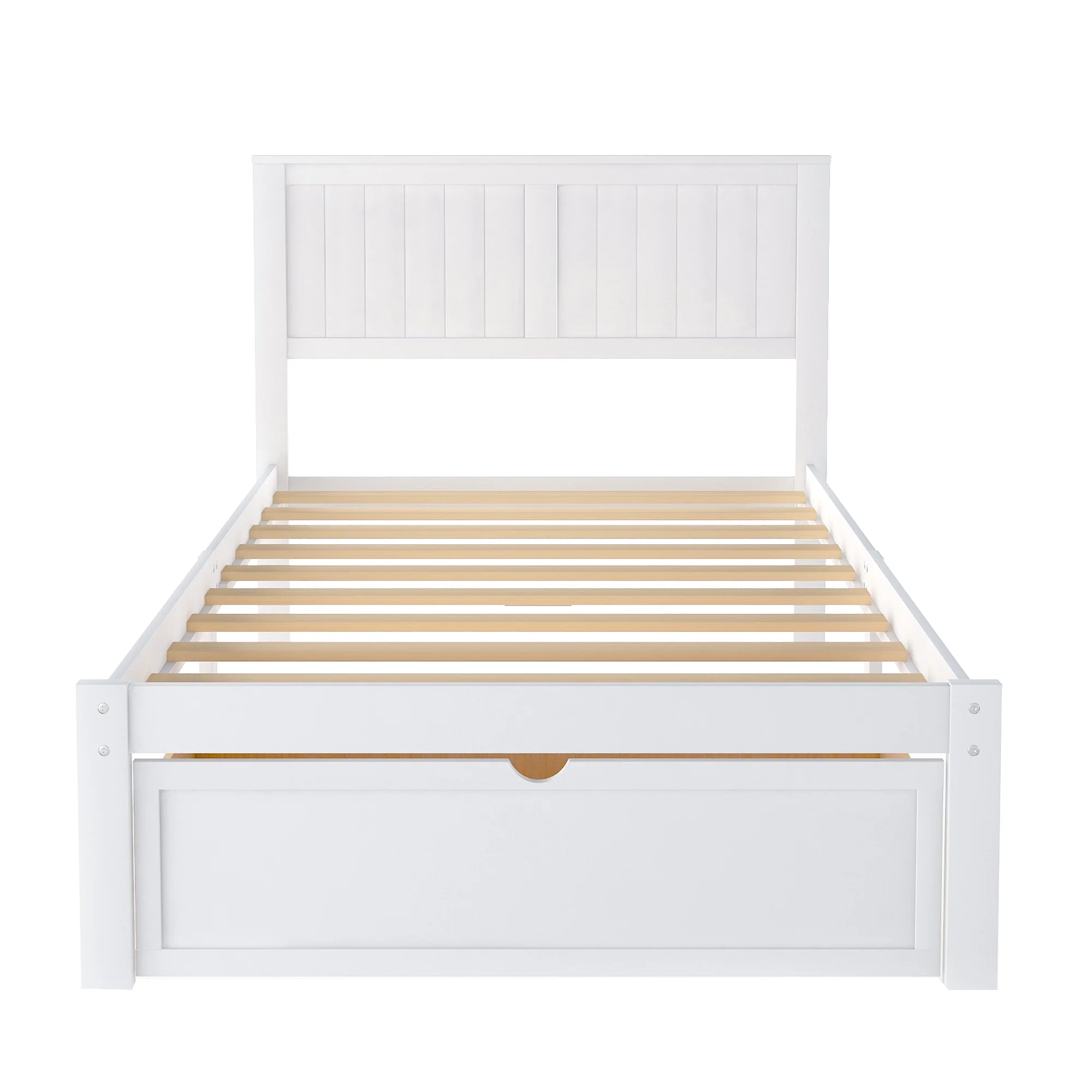 Twin Wood Platform Bed with Headboard & Big Storage Drawer for Kids, White
