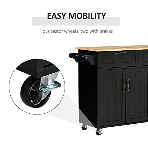 HOMCOM Mobile Kitchen Island with Storage, Kitchen Cart with Wood Top, Storage Drawers, 3-Door Cabinets, Adjustable Shelves and Towel Rack, White